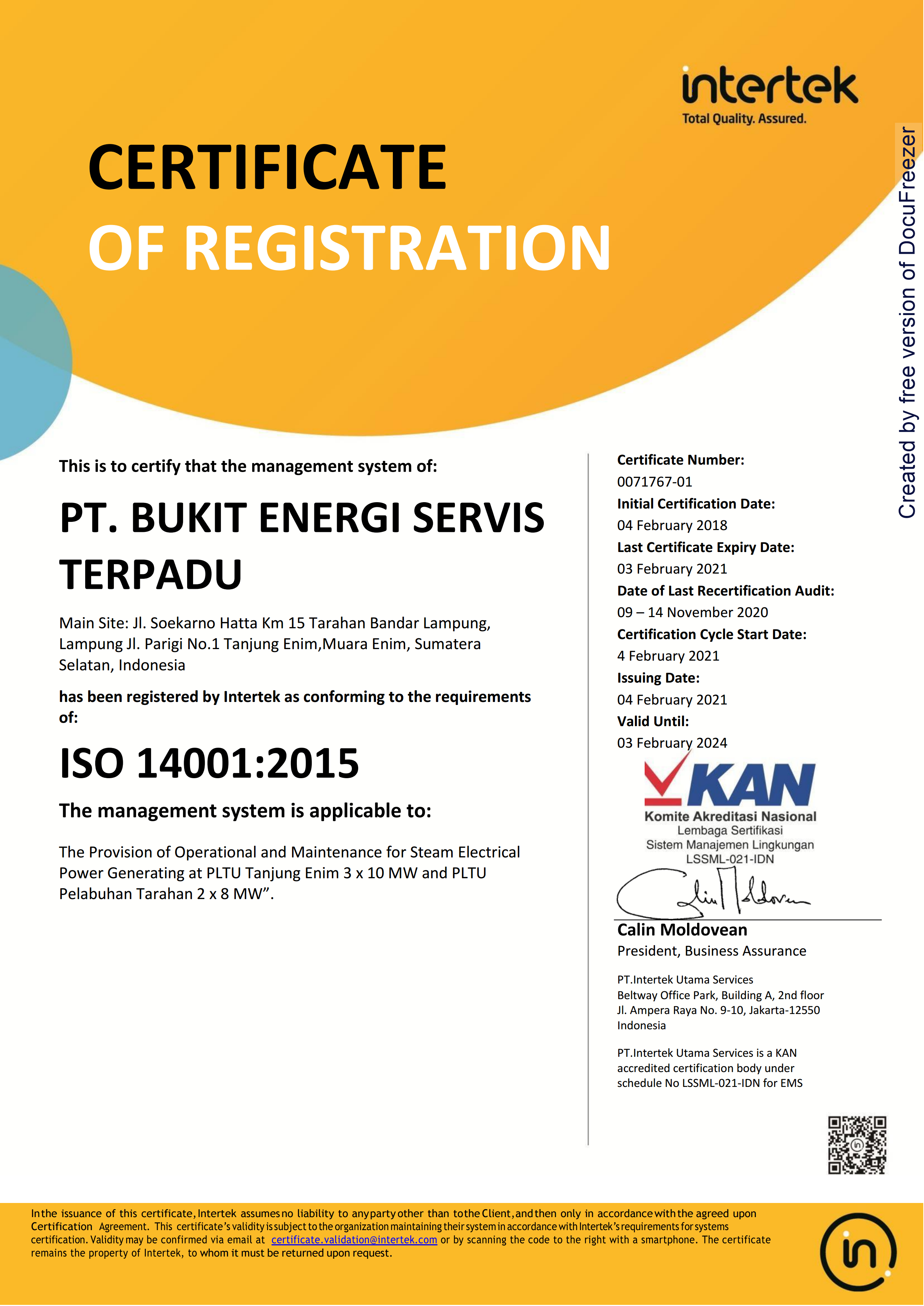 ISO 14001 Certificate;2015